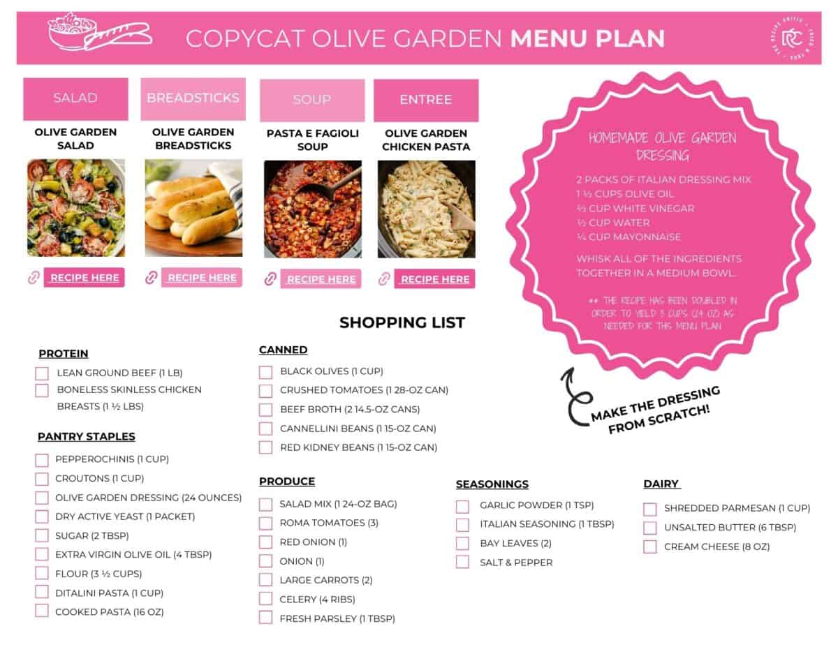 I had the best idea: make all your Copycat Olive Garden Menu favorites at home for a fun โnight outโ without ever leaving your kitchen. From warm breadsticks to their famous salad (and all the cozy pasta in between), Iโve got you covered. Shopping list for the copycat Olive Garden menu.