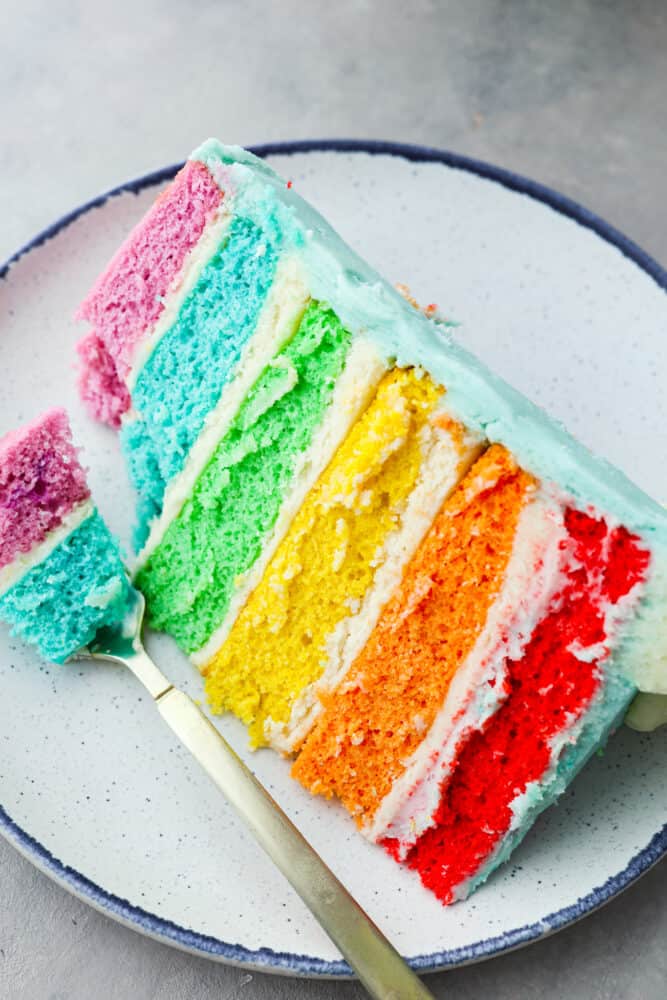 This gorgeous rainbow cake is the best way to add a splash of color to any special occasion! Not only is this cake beautiful to look at, but it’s extra moist and topped with luscious homemade buttercream. It’s the perfect dessert for birthdays, Saint Patrick’s Day, and more! A slice of rainbow cake on a blue and white plate.