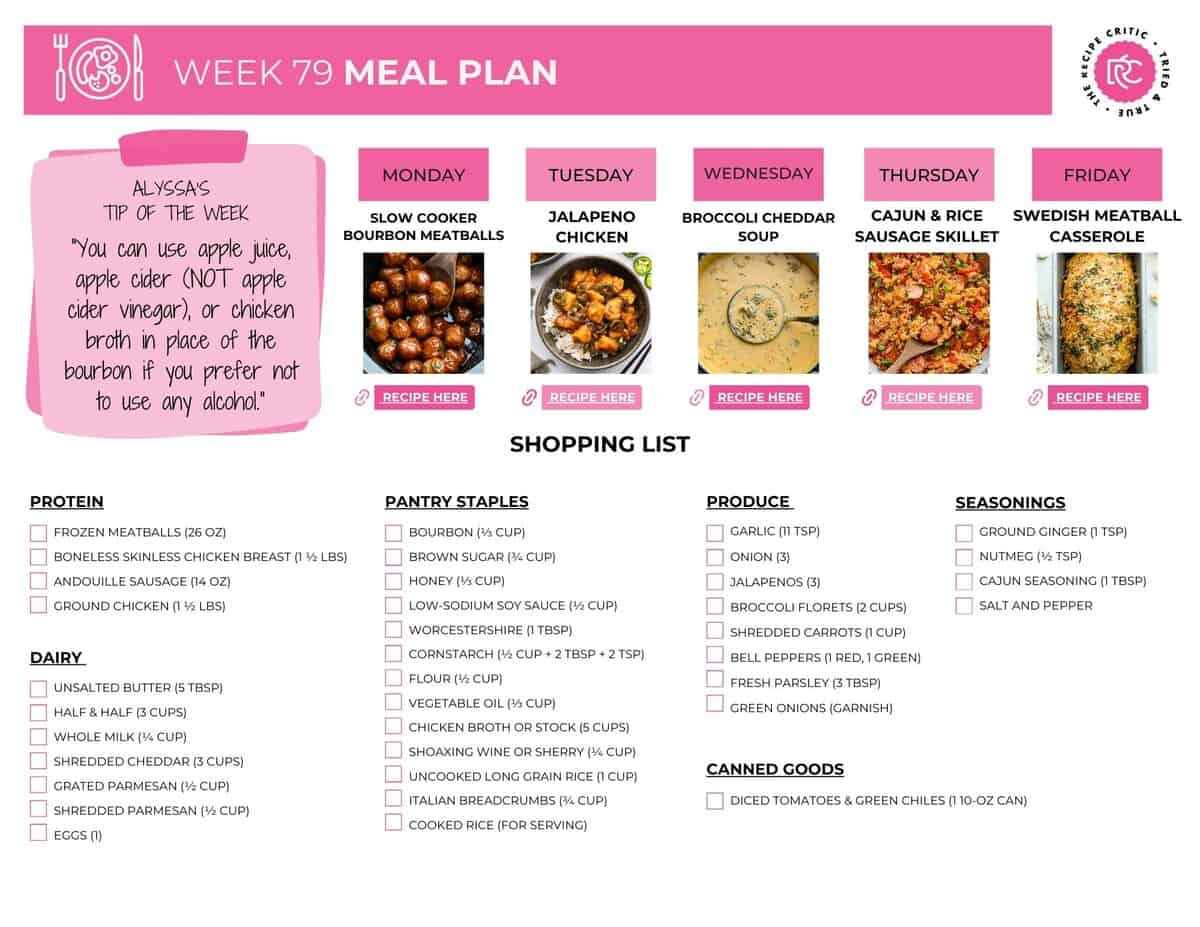 I planned dinner, so you donโt have to! This weekly meal plan includes easy dinners plus a free shopping list! If you want to check out the rest of my weekly meal plans, click here. Image of the free shopping list for the weekly meal plan.