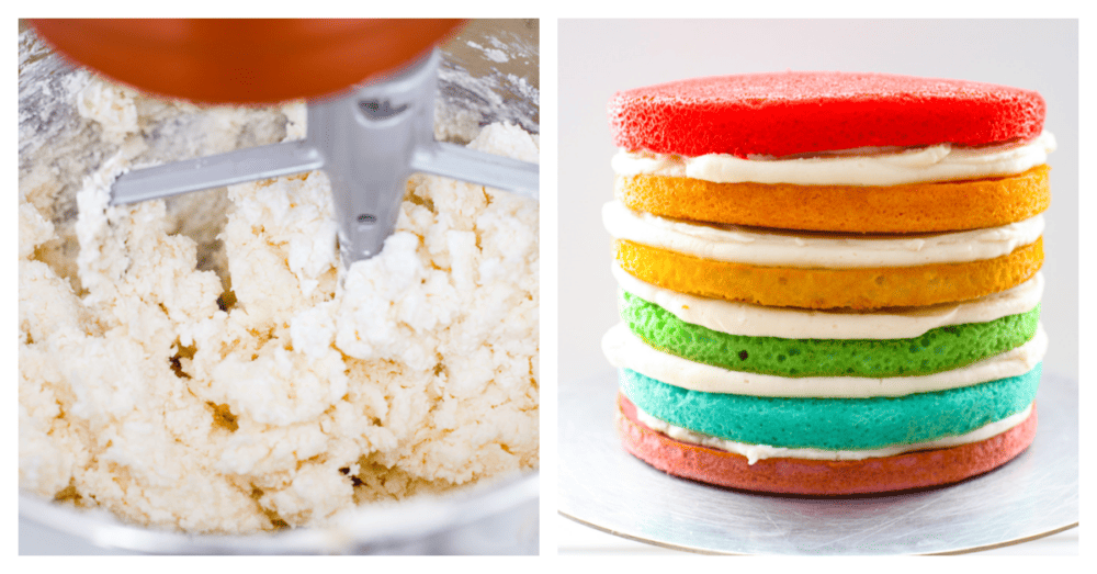 This gorgeous rainbow cake is the best way to add a splash of color to any special occasion! Not only is this cake beautiful to look at, but it’s extra moist and topped with luscious homemade buttercream. It’s the perfect dessert for birthdays, Saint Patrick’s Day, and more! 2-photo collage of buttercream being made and frosted in between each cake layer.